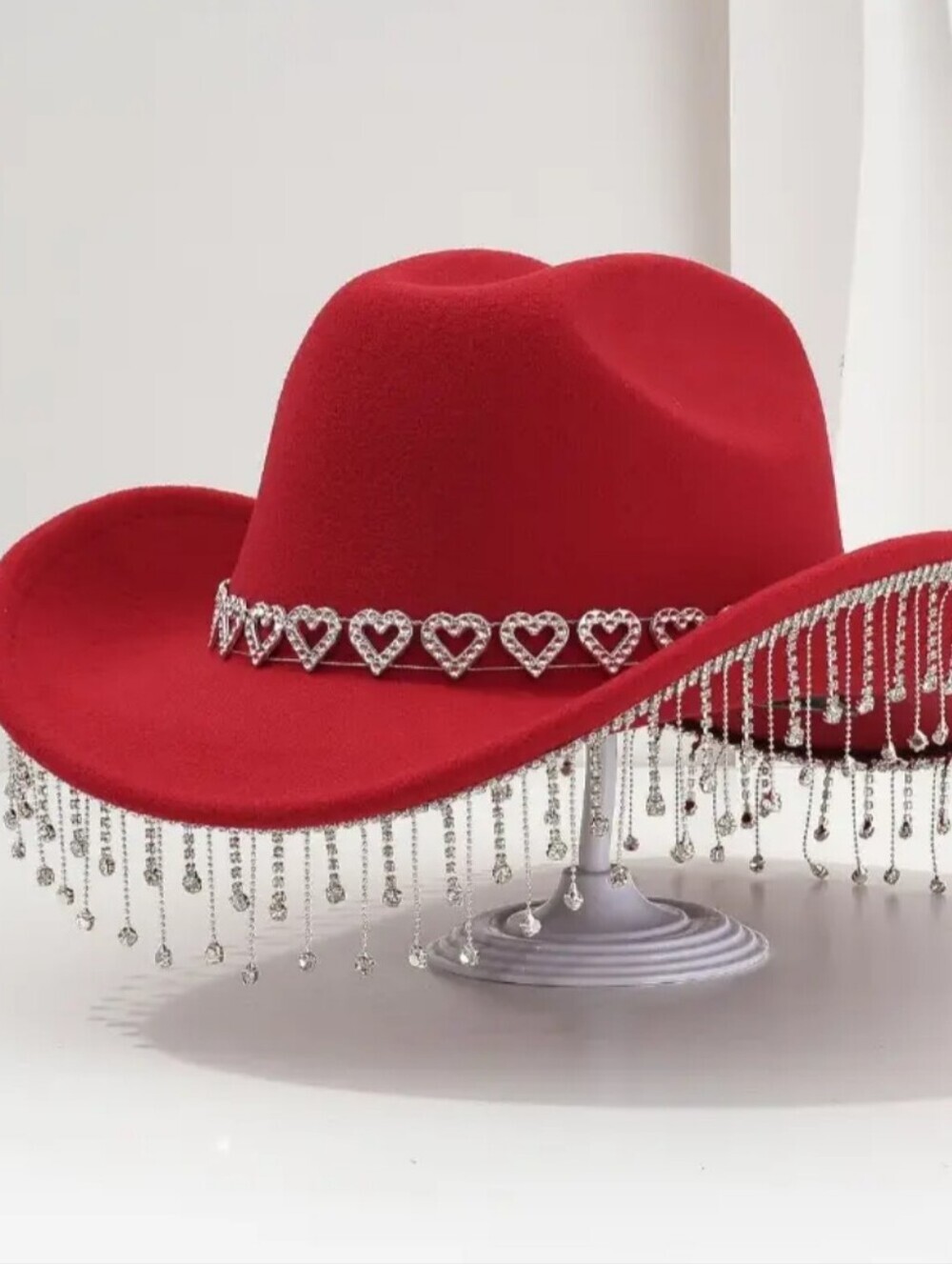 Red Rhinestone Heart Fringe Cowboy Hat - Women's Fashion Accessory